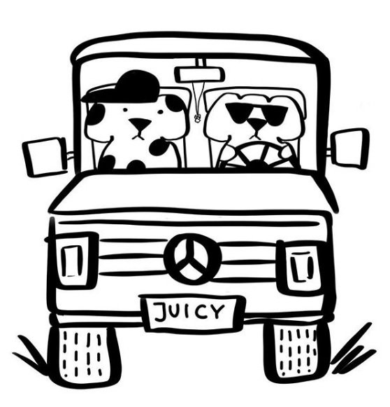 Cartoon of two dogs driving a truck with a JUICY license plate